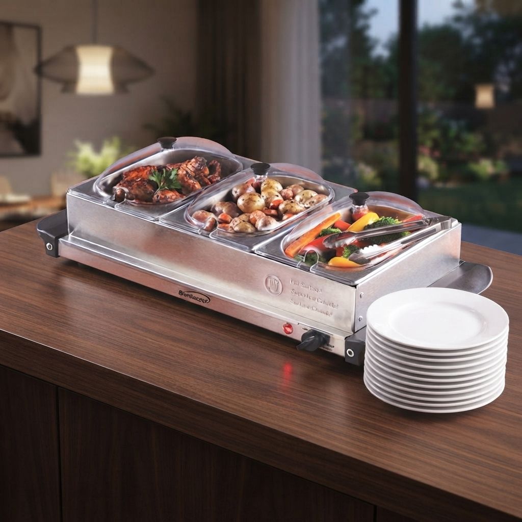 Brentwood Triple Buffet Server &amp; Warming Tray with 3 Removable 1.5-Qt. Stainless-Steel Pans, Adjustable Low/Medium/High Heat, Cool-Touch Handles, Brushed Stainless Steel (BF-315)