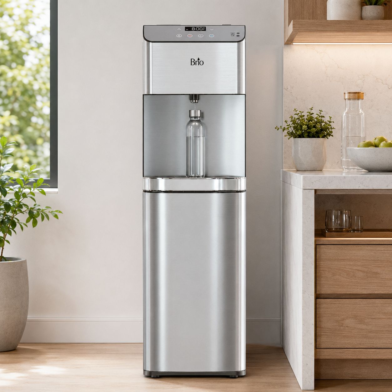 Brio Moderna Touchless Bottleless Water Cooler Dispenser with UV Self-Cleaning, 3-Stage Filtration, Adjustable Temperature, Digital Clock, LED Nightlight, Tri-Temp Hot, Cold, and Room Water (CLPOU720U