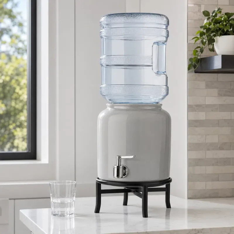 Brio Shiny Porcelain Water Crock Dispenser With Lever Faucet, No Electricity Needed, Supports 2-5 Gallon Bottles, Green &amp; White (CKHFGRN)