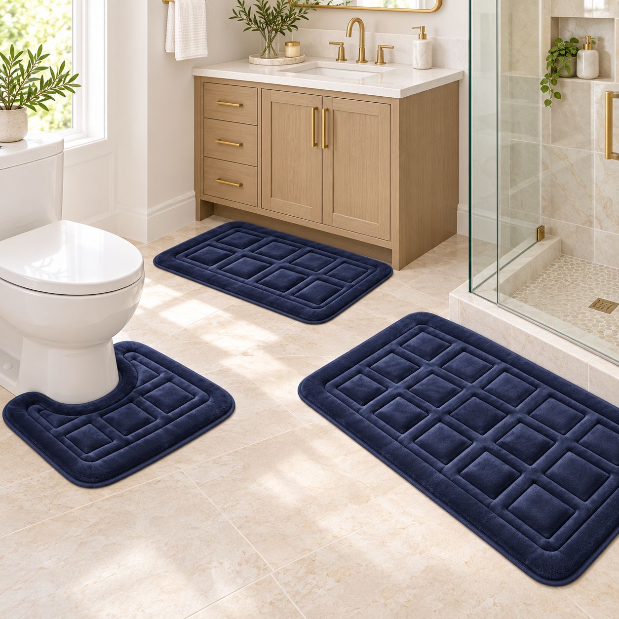 CLARA CLARK Three-Piece Waffled Velvet Memory Foam Bathroom Rug Set with Small, Large and Contour Mats, Navy, batmatcc-wafflelscontr-nvy