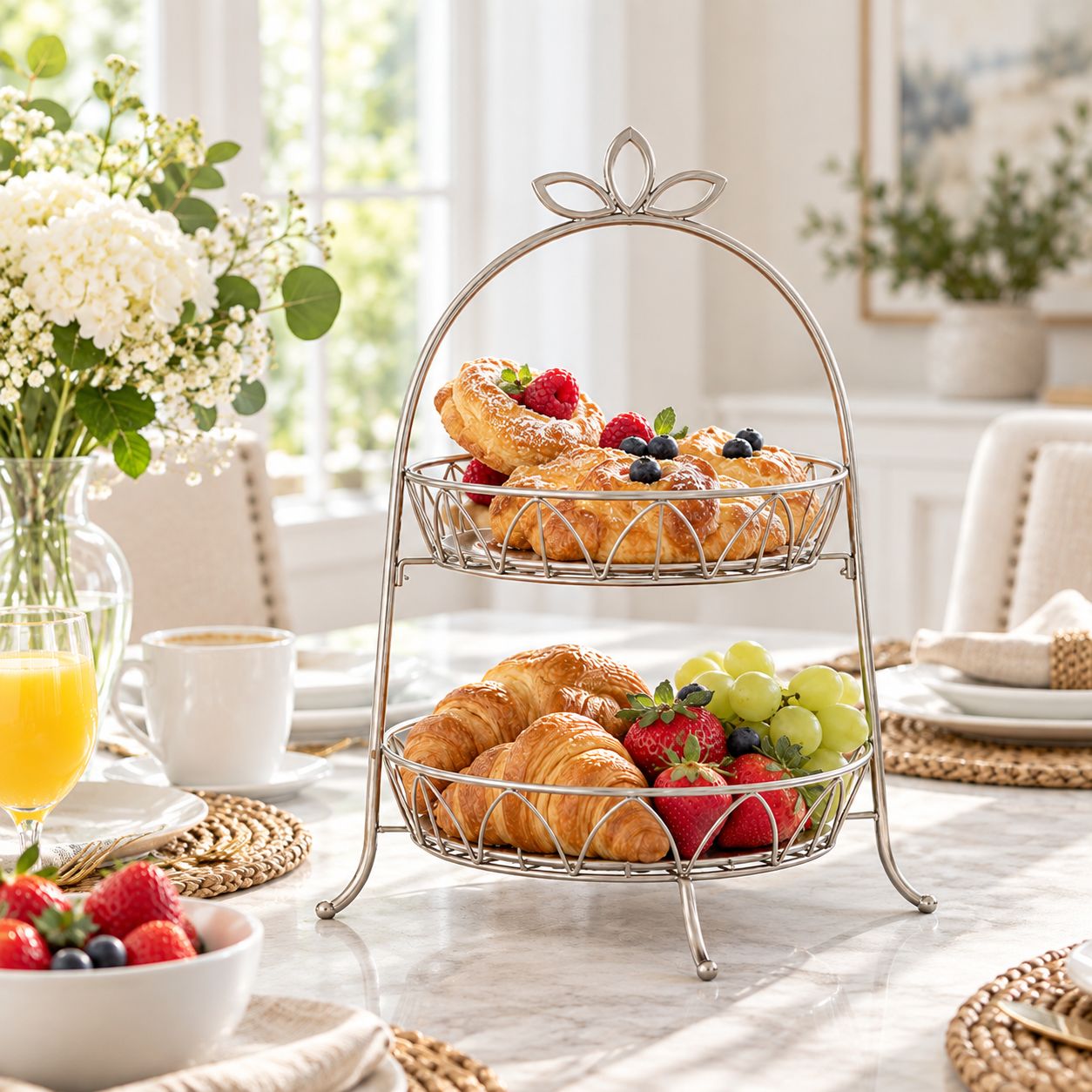 SPECTRUM Bloom Arched 2-Tier Fruit Server, Steel, Satin Nickel Powder Coat – 21277