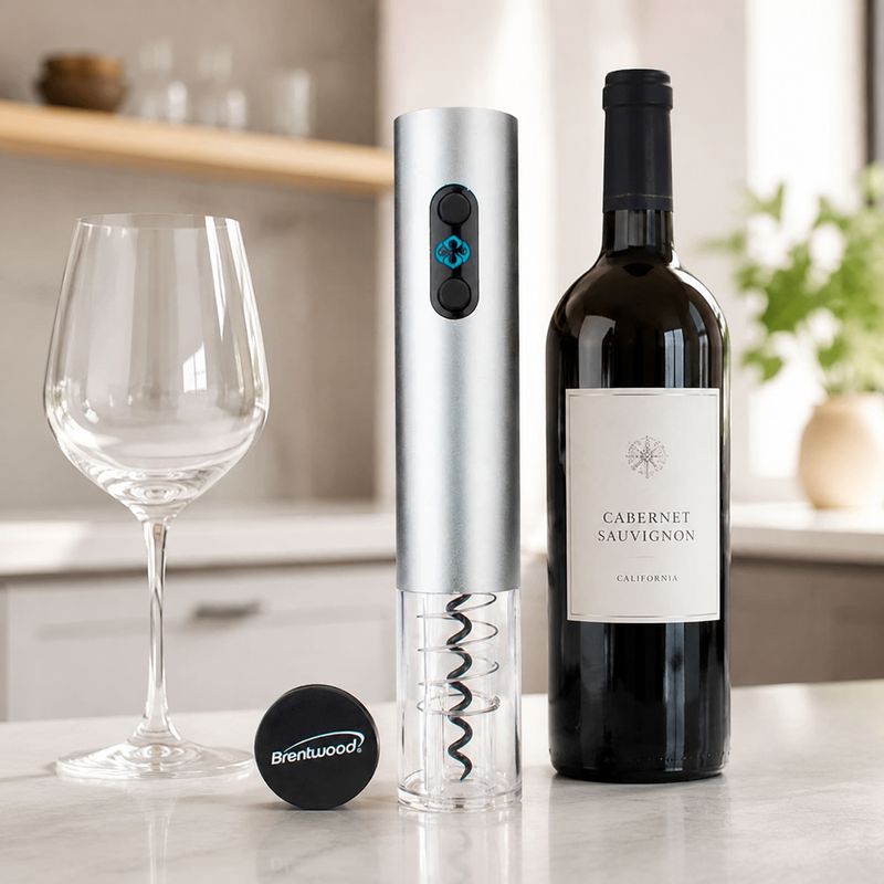 BRENTWOOD Portable Electric Wine Bottle Opener, 4-Second Cork Removal, Opens Up to 80 Bottles, Push-Button Cork Release, Blue LED Power Indicator, 4-AA Battery Operation, Silver  WA-2002S