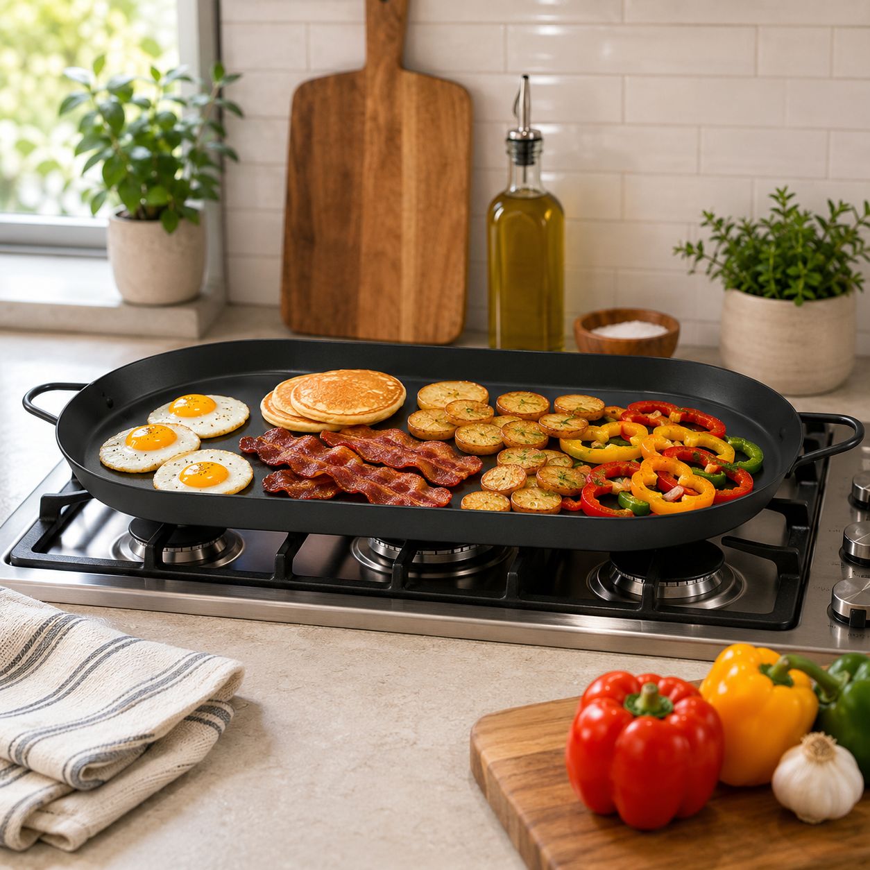 Brentwood 19" Non-Stick Aluminum Double Burner Griddle Pan, Heavy-Gauge Rectangular Design with Riveted Heat-Resistant Handles, Dishwasher Safe, Black (BDG-2200)
