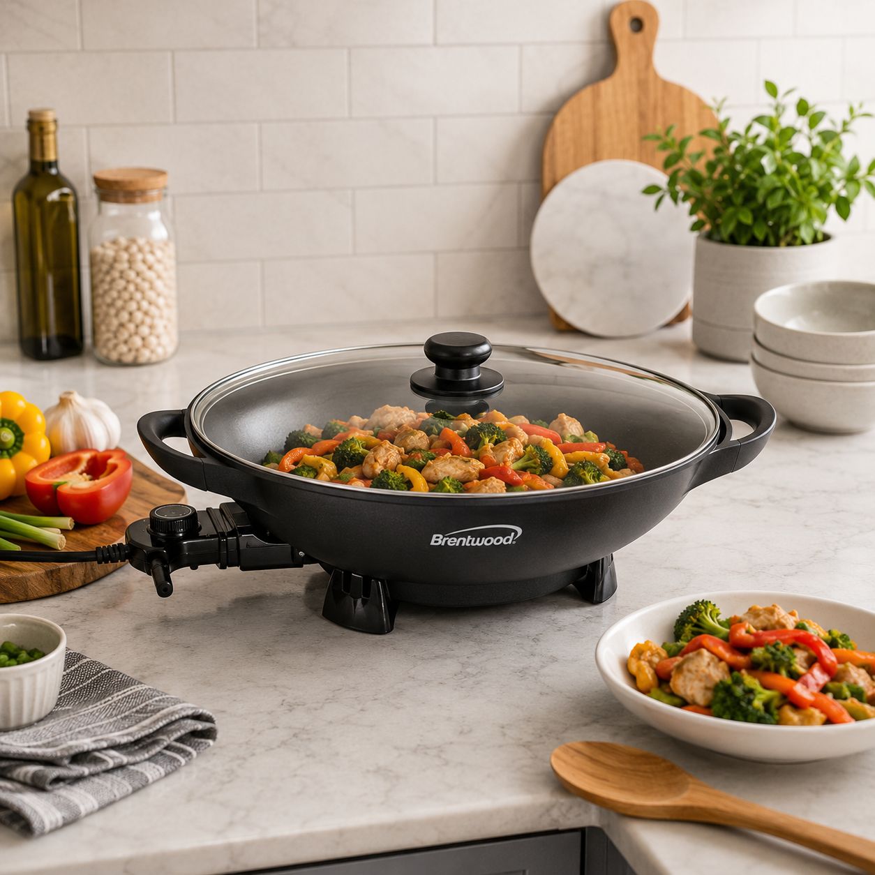 Brentwood 13-Inch Non-Stick Electric Wok Skillet with 24-Cup Capacity, 1,400W Adjustable Temperature Control, Flat-Bottom Design, Vented Tempered-Glass Lid, Black (SK-69BK)