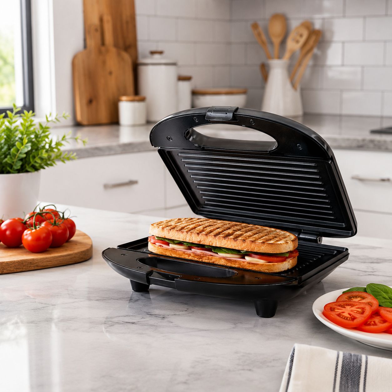 Brentwood Non-Stick Panini Press &amp; Sandwich Maker, 750W Fast Heating, Black/Silver (TS-246)
