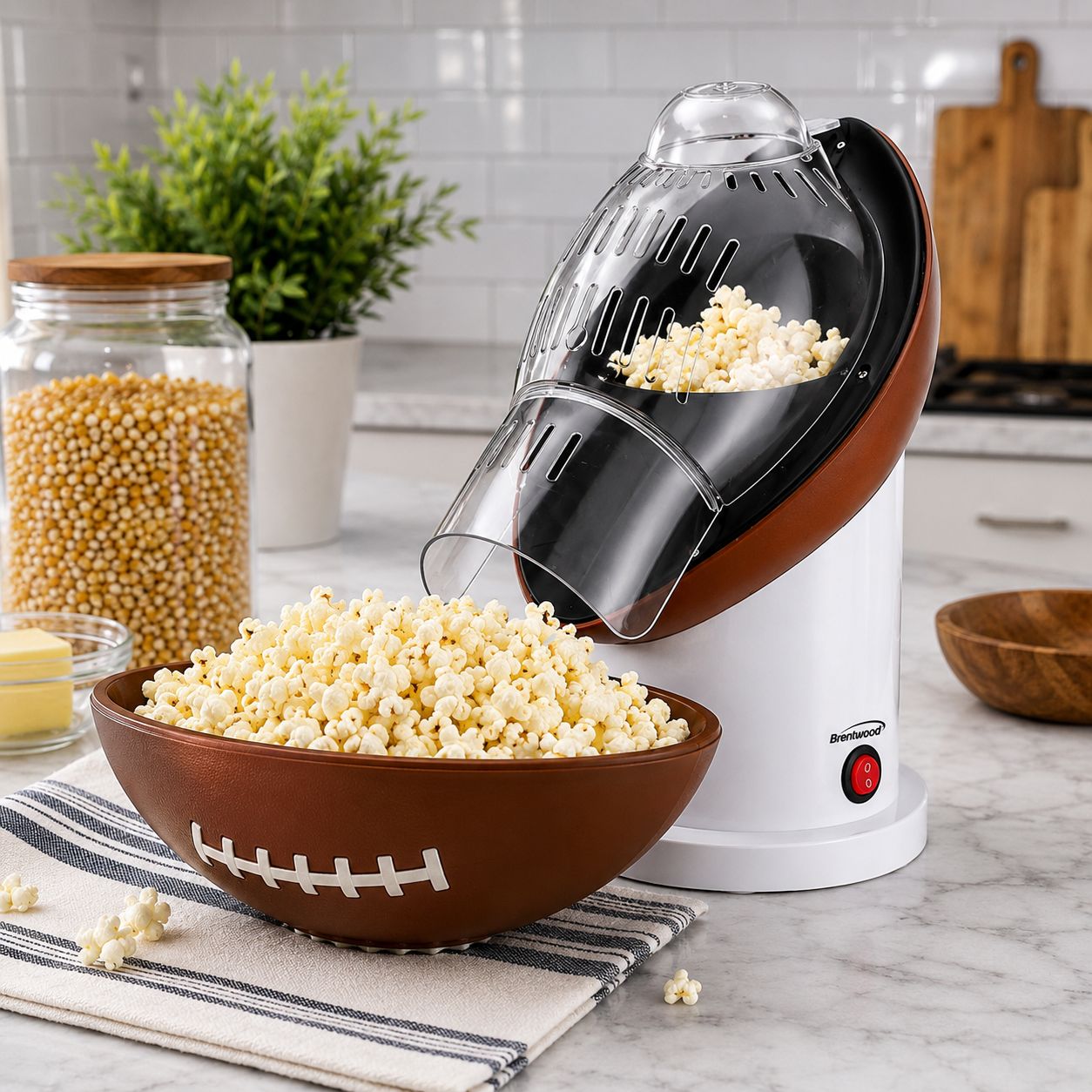 Brentwood Football Hot Air Popcorn Maker, 1,200W, 8-Cup Capacity, No Oil Needed, Brown (PC-483)