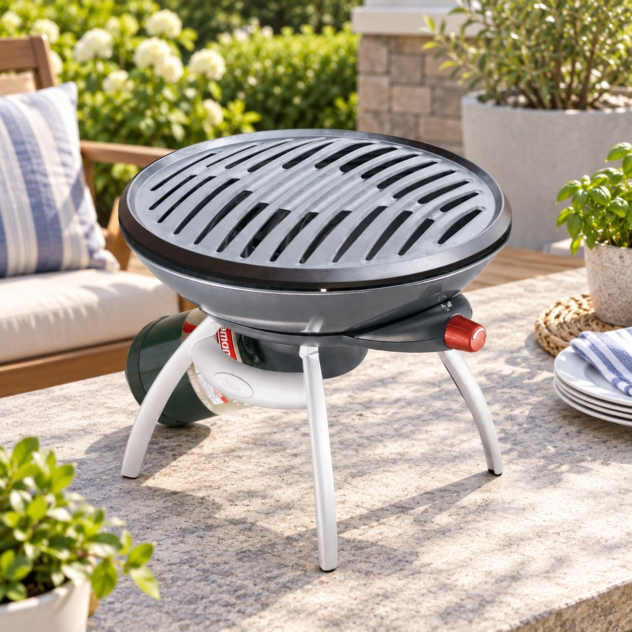 COLEMAN ROADTRIP PARTY BASIC PORTABLE PROPANE GRILL WITH 8,000 BTU INSTASTART PUSH BUTTON IGNITION PERFECTFLOW TECHNOLOGY ADJUSTABLE BURNER 122 SQ IN COOKING AREA REMOVABLE COOKING SURFACE AND DETACHA