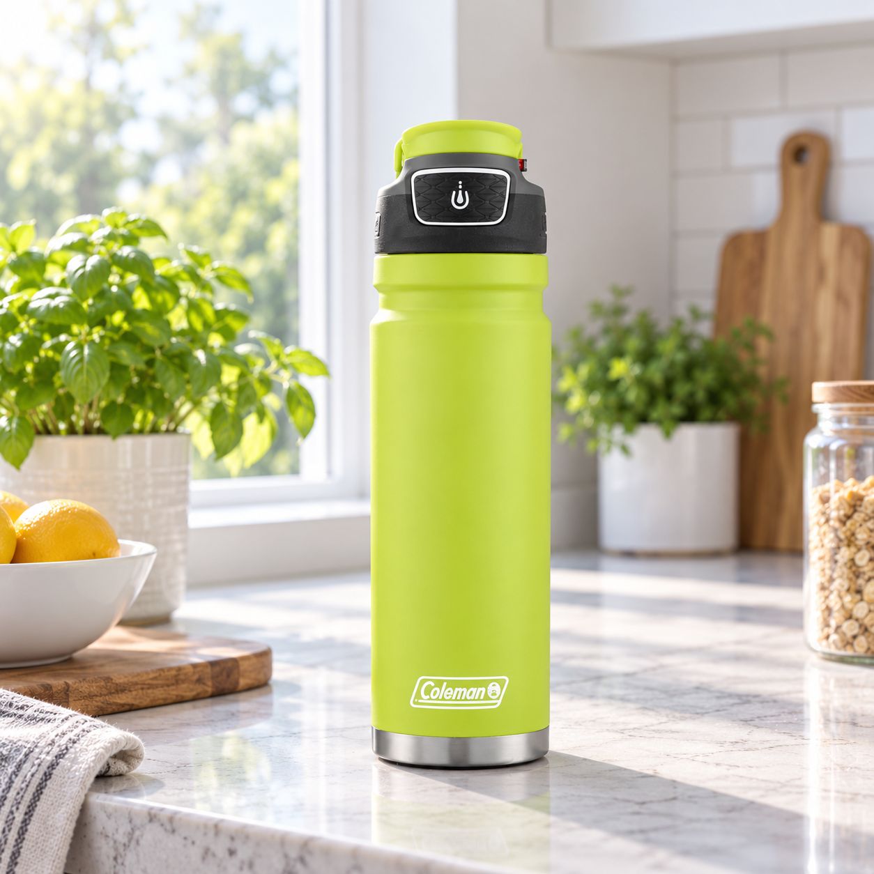 COLEMAN FREEFLOW AUTOSEAL 24 OZ SPIDER MUM GREEN STAINLESS STEEL INSULATED WATER BOTTLE WITH DOUBLE WALL VACUUM INSULATION BUTTON OPERATED AUTOSEAL LID PROTECTIVE SPOUT COVER HIGH FLOW SPOUT AND CARRY