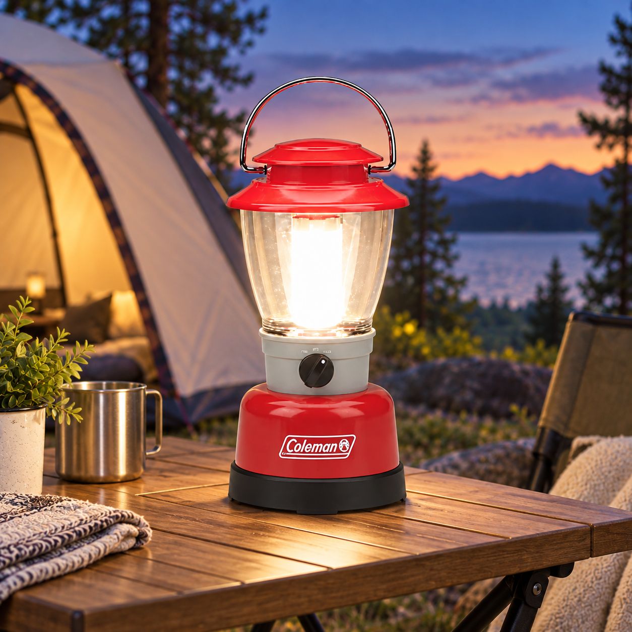 COLEMAN CLASSIC 400L LED LANTERN WITH 4D BATTERY POWER 360 DEGREE ILLUMINATION HIGH AND LOW LIGHT SETTINGS 30 HOUR HIGH RUNTIME 70 HOUR LOW RUNTIME WATER RESISTANT IMPACT RESISTANT HANGING HANDLE AND 