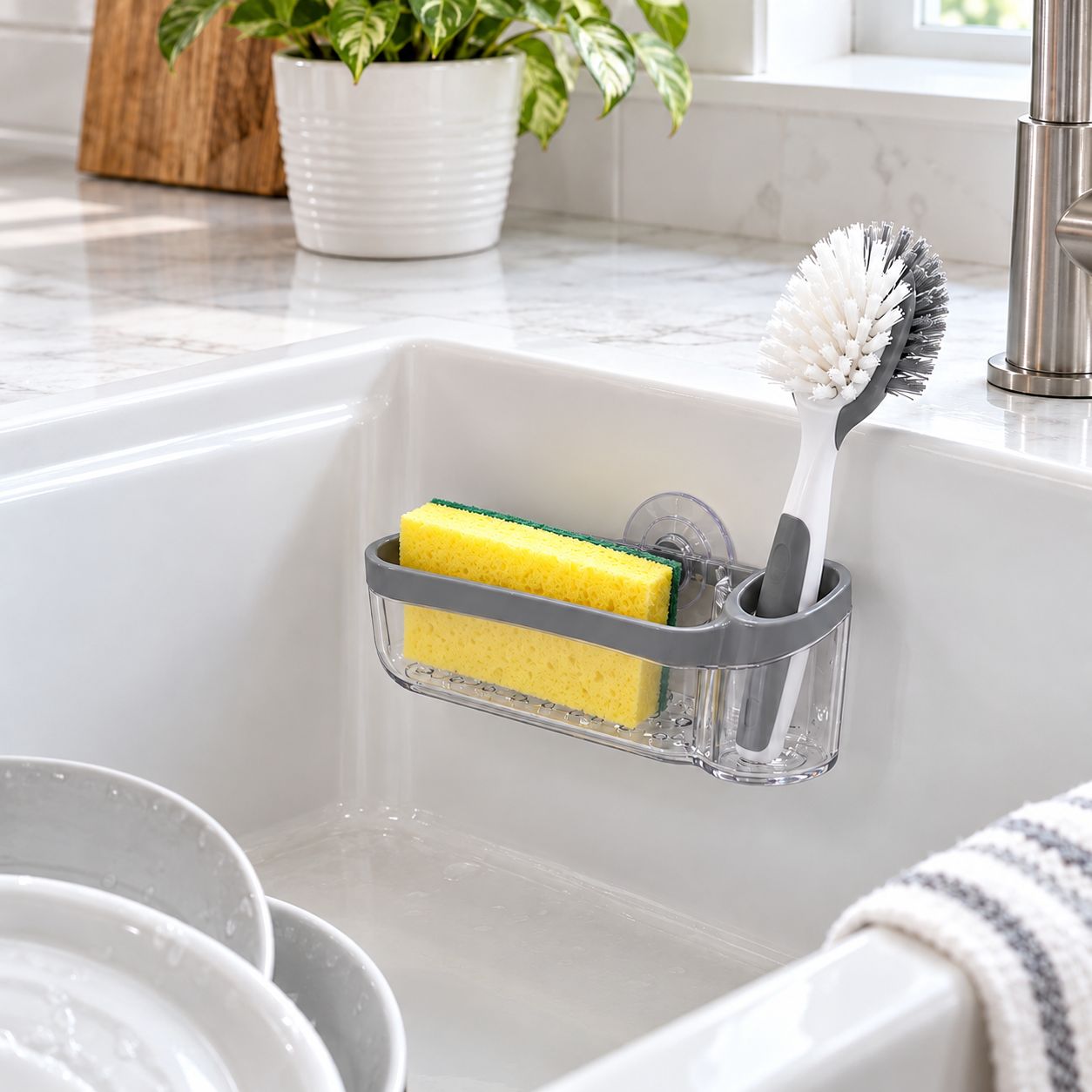 SPECTRUM Cora Suction Sponge &amp; Brush Holder, Plastic, Gray and Clear – 07812
