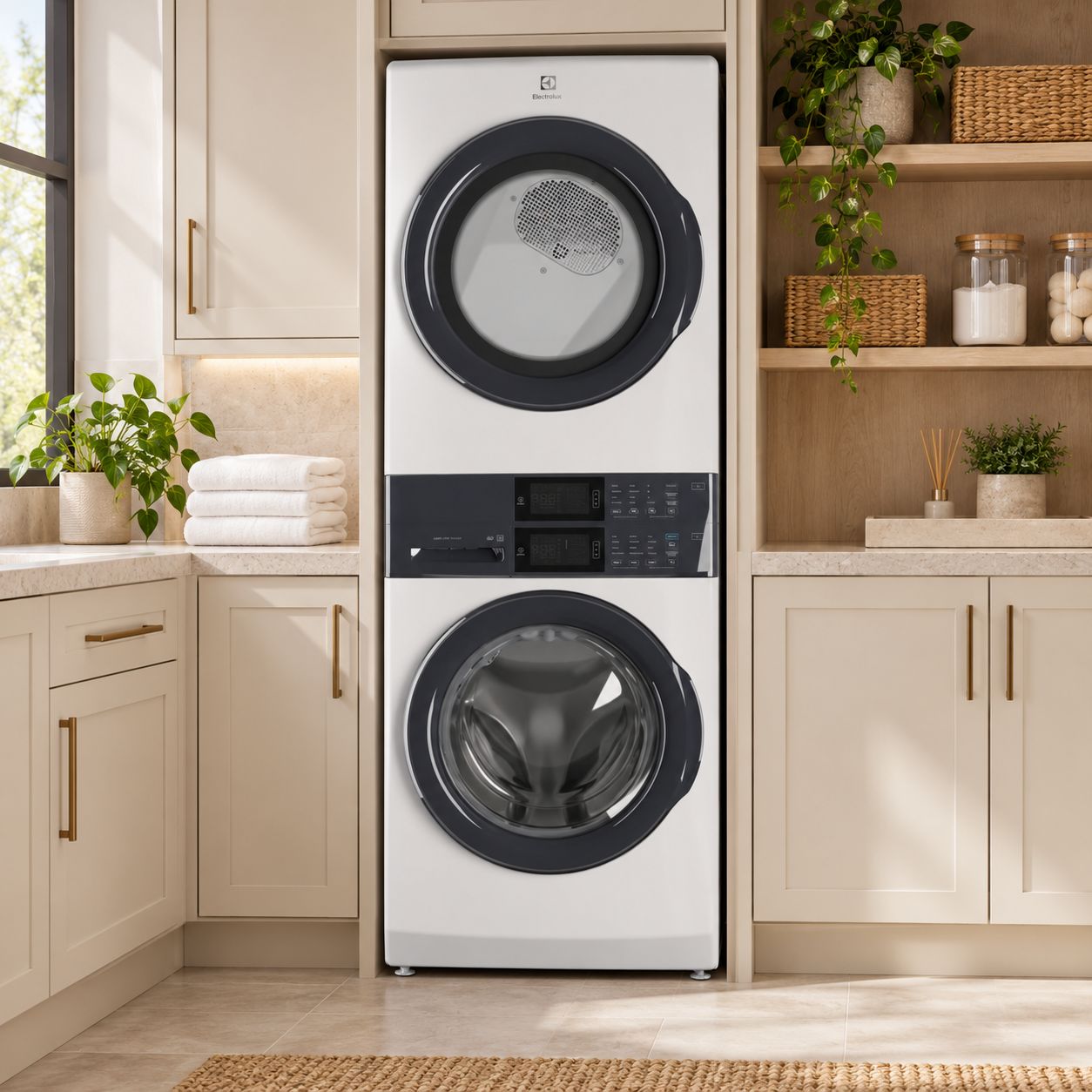 ELECTROLUX Laundry Tower with 4.4 Cu. Ft. Front Load Washer and 8.0 Cu. Ft. Vented Electric Dryer, combo,LuxCare Wash, White – Model ELTE7300AW
