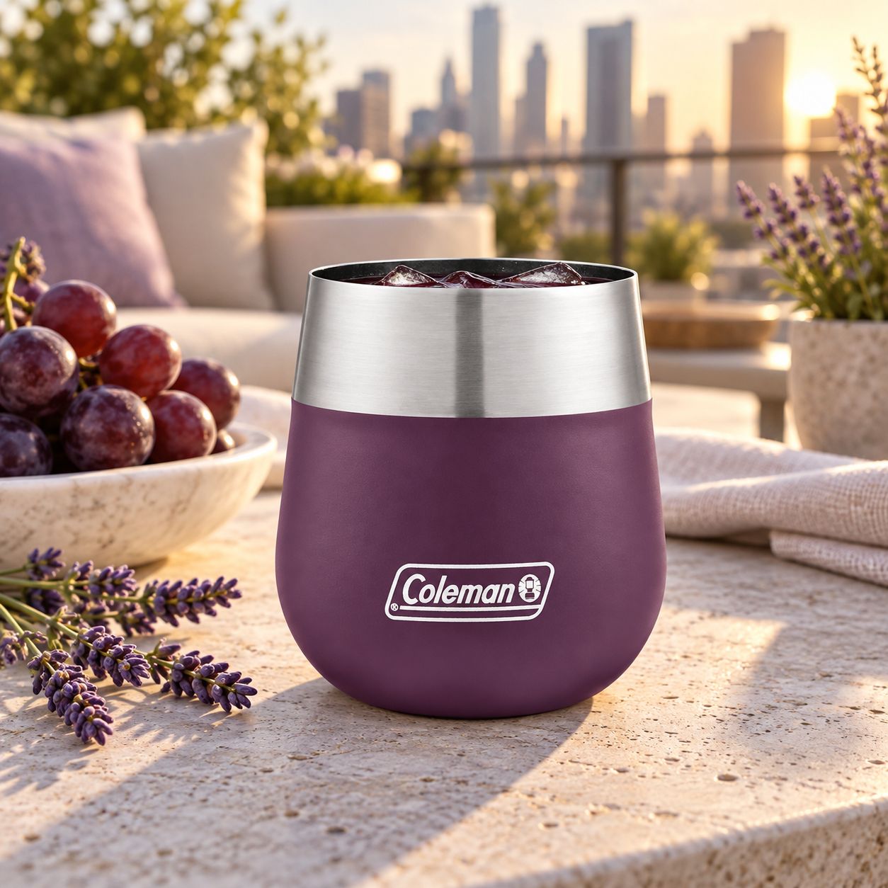 COLEMAN CLARET 13 OZ INSULATED STAINLESS STEEL WINE GLASS WITH 18/8 VACUUM INSULATION NO SWEAT DESIGN PADDED NON SLIP BASE CONTOURED SHAPE THIN RIM AND UP TO 6 HOUR COLD RETENTION PURPLE 2038463