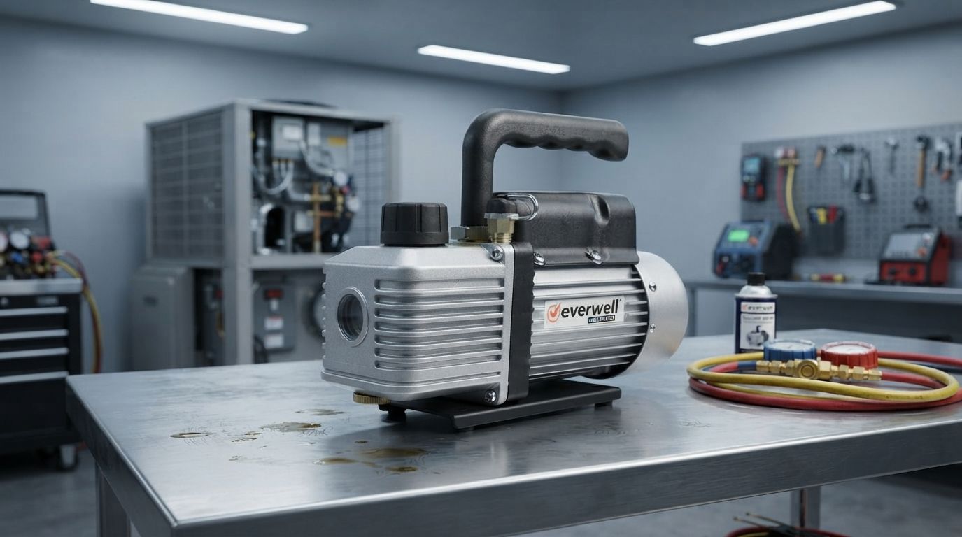 Everwell Professional HVAC/R Vacuum Pump – Rotary-Vane With Backflow Prevention – 2.0 CFM, 1-Stage, 1/4 HP, 150 Microns, 3440 RPM, 4.3 KGS, 110V/60Hz (1LVP-1.5)