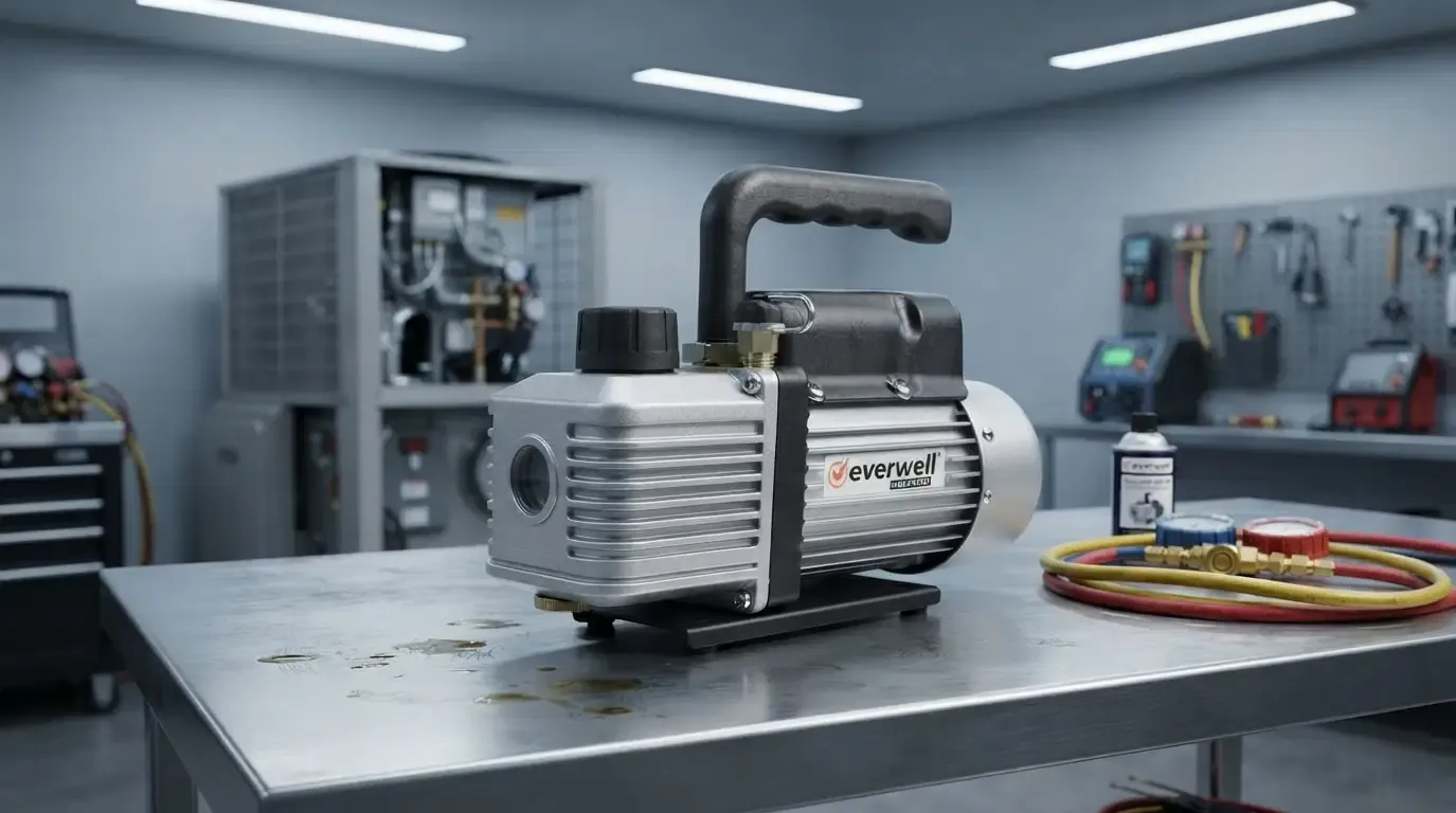 Everwell Professional HVAC/R Vacuum Pump – Rotary-Vane With Backflow Prevention – 2.0 CFM, 1-Stage, 1/4 HP, 150 Microns, 3440 RPM, 4.3 KGS, 110V/60Hz (1LVP-1.5)