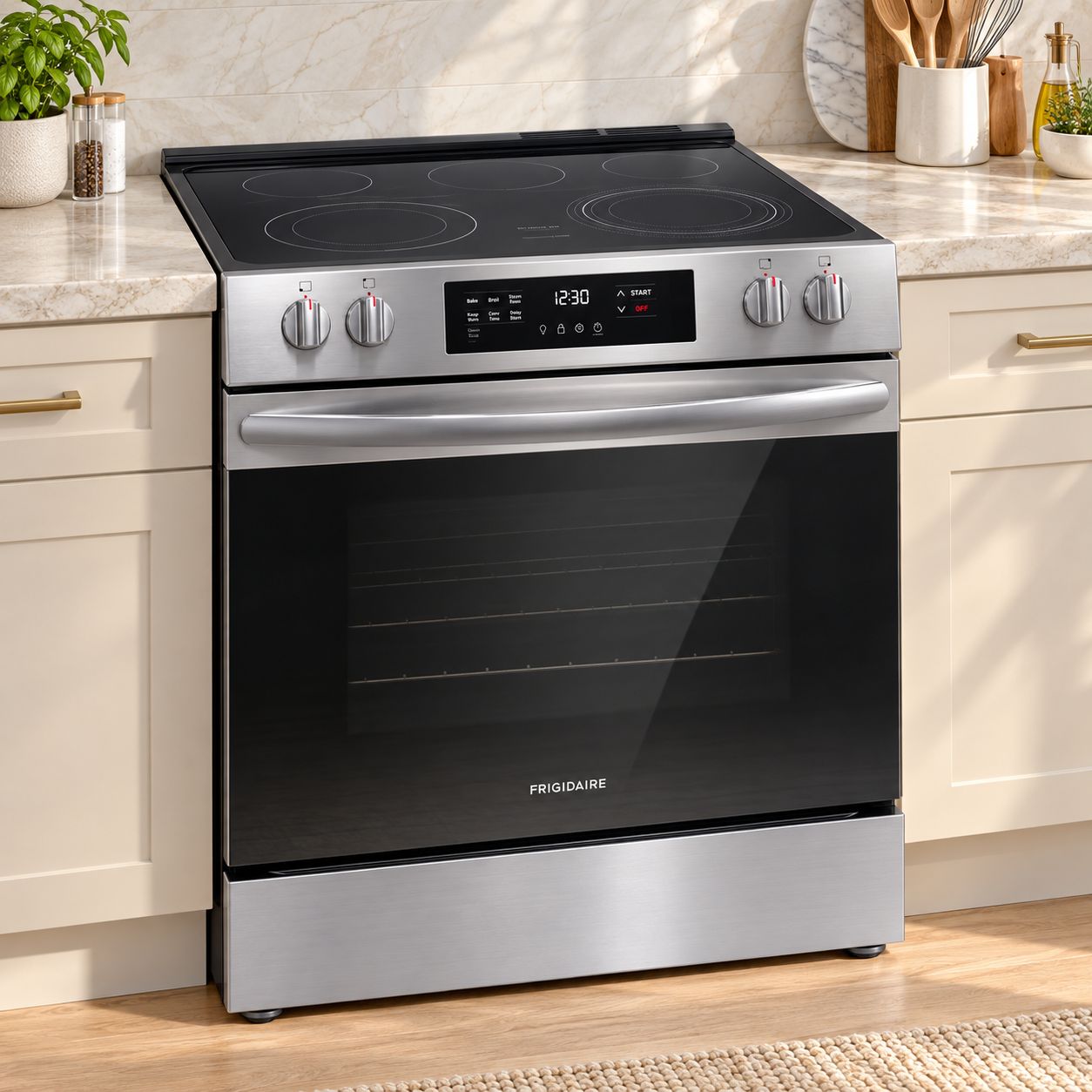 FRIGIDAIRE 30-Inch Front Control Electric Range with Five-Element Cooktop, 5.3 Cu. Ft. Oven and Steam Clean – Stainless Steel – Model FCFE3062AS