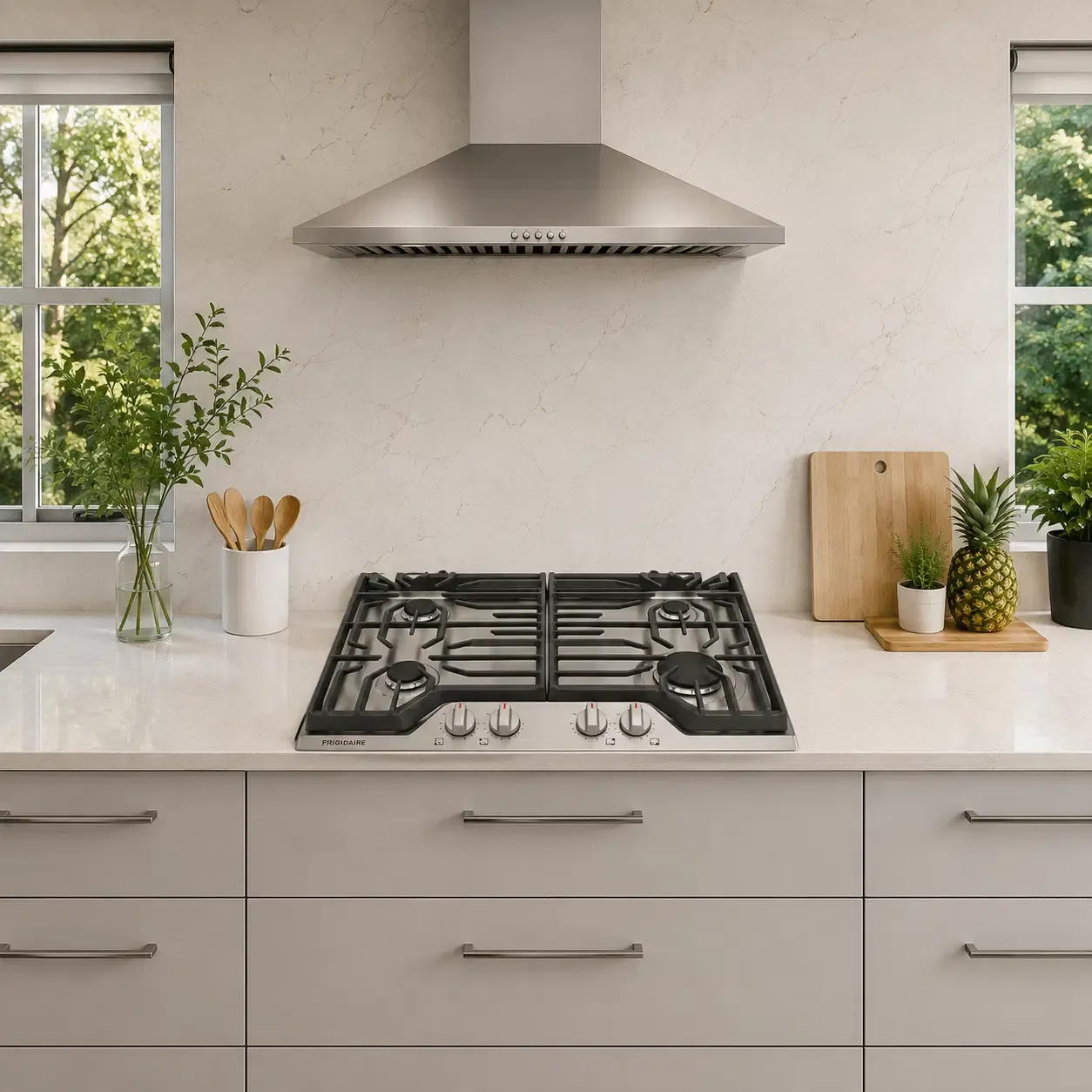 Frigidaire 30" Built-In Gas Cooktop with 5 Sealed Burners, 18,000 BTU Quick Boil Burner, Continuous Cast Iron Grates, Stainless Steel (FCCG3027AS)