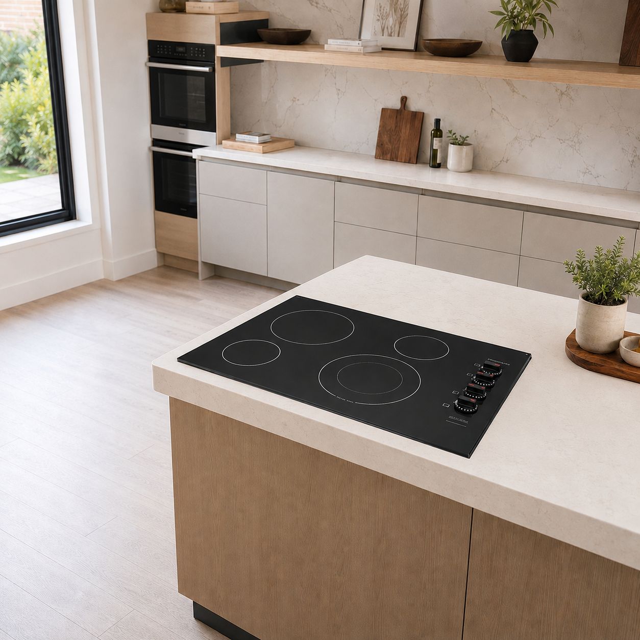 FRIGIDAIRE 30-Inch Electric Cooktop, 4 Radiant Elements, 3,000W SpaceWise® Expandable Element, Ready-Select® Knob Controls, Hot-Surface Indicator, Smooth Black Ceramic-Glass Surface, 240V   FFEC3025UB