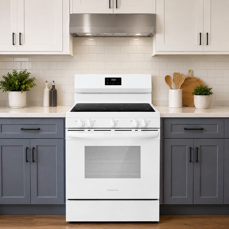 Frigidaire 30" Electric Range with Even Baking Technology, 5.3 Cu. Ft. Self-Clean Oven, Store-More Storage Drawer, White (FCRE3052BW)