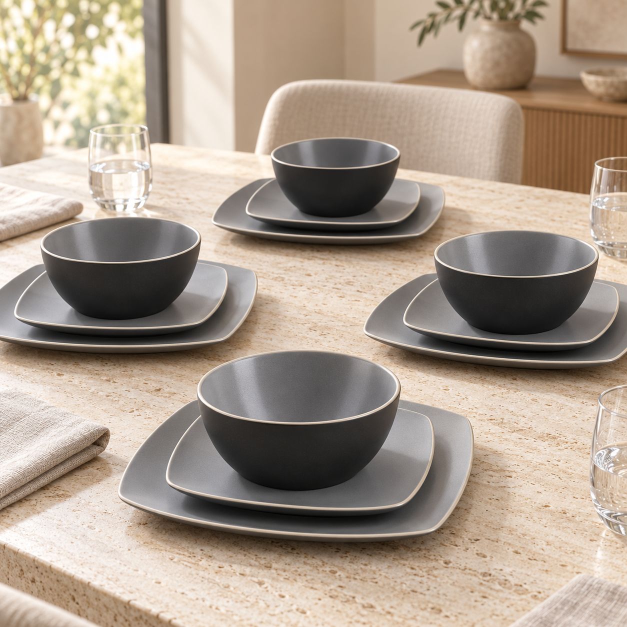 GIBSON HOMETRENDS Soho Lounge 12-Piece Square Stoneware Dinnerware Set, Gray and Black   129485.12