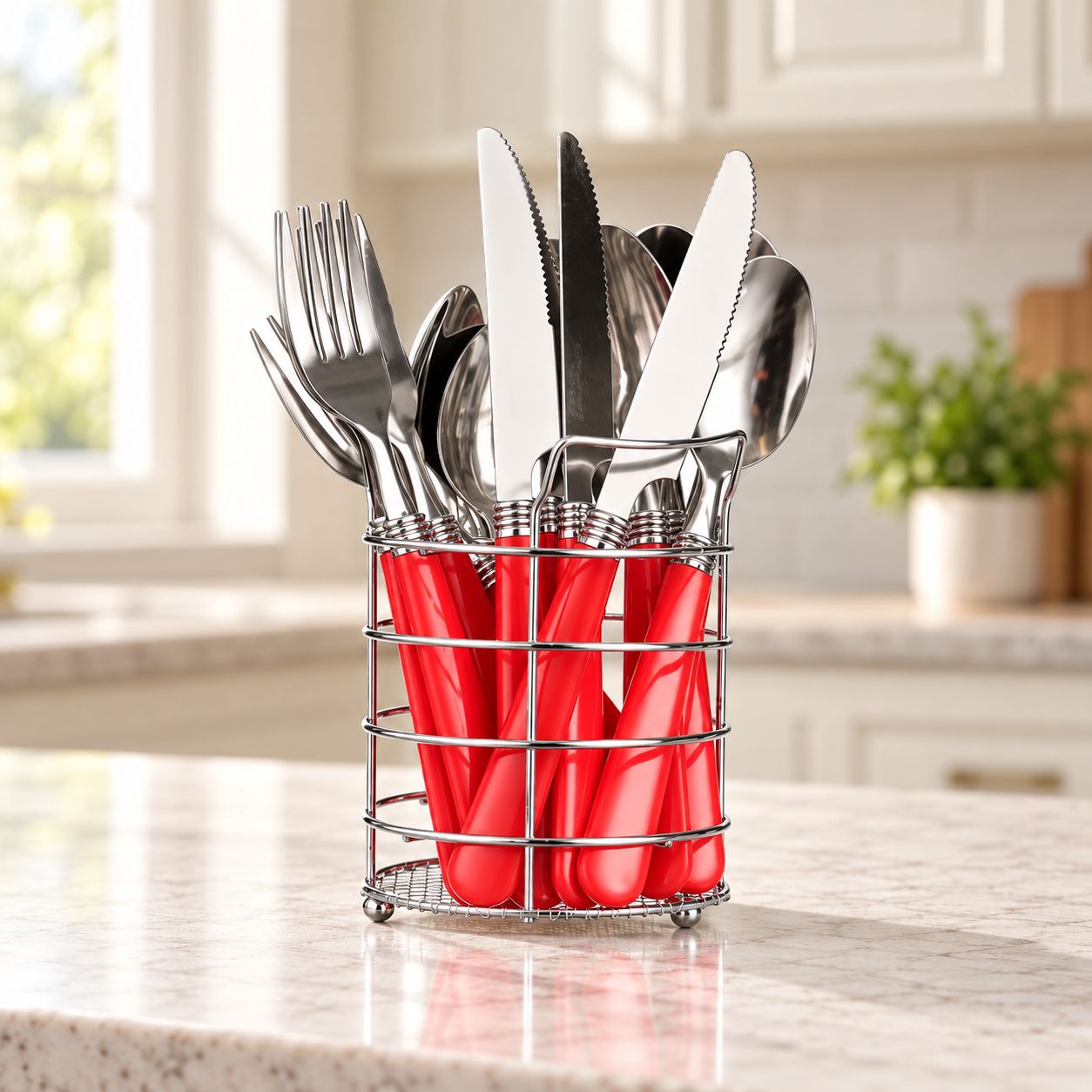 Gibson Sensations II 16 Piece Stainless Steel Flatware Set with Red Handles and Chrome Caddy 53529.16