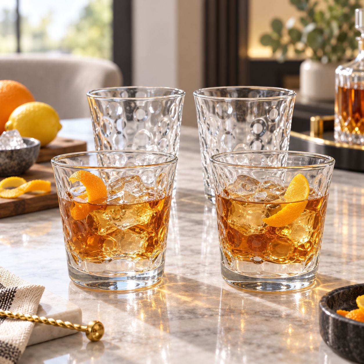 GIBSON HOME Great Foundations 4-Piece 13 Oz. Double Old Fashioned Glass Set, Clear Glass with Embossed Bubble Pattern, Dishwasher Safe   92087.04
