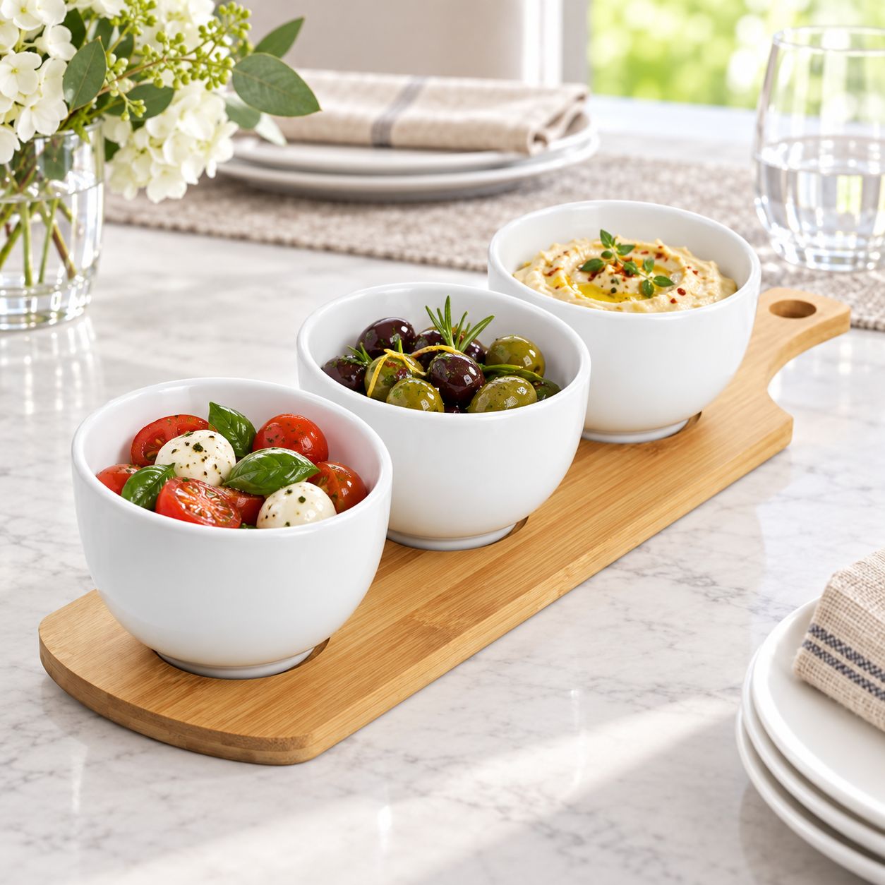 GIBSON ELITE Gracious Dining 4-Piece Fine Ceramic Tidbit Bowl Set with Bamboo Serving Base, White 134045.04