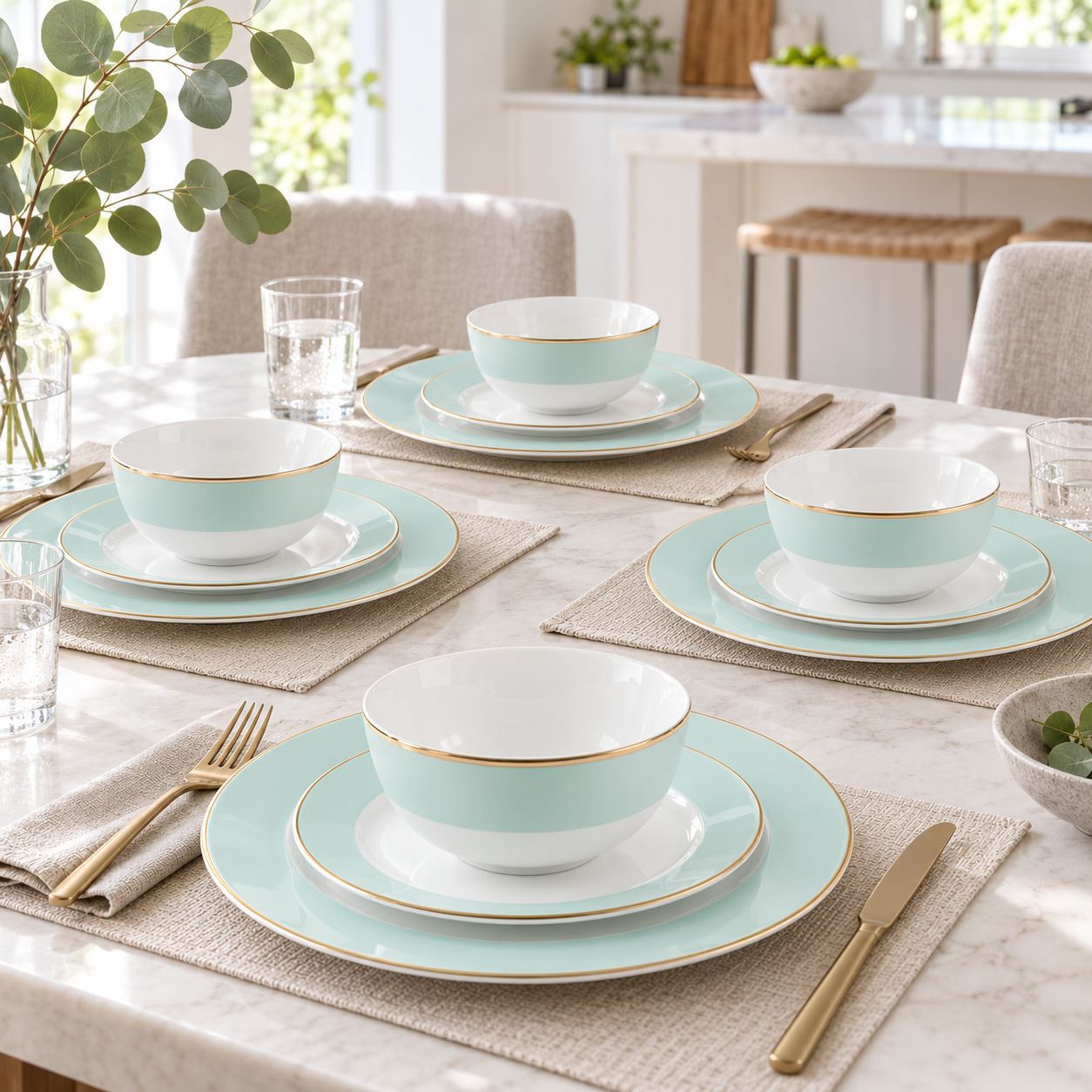 GIBSON HOME MARTHA STEWART GRACIE ROAD 12-PIECE FINE CERAMIC DINNERWARE SET, MARTHA BLUE WITH DECORATIVE BLUE BAND — SKU 138981.12