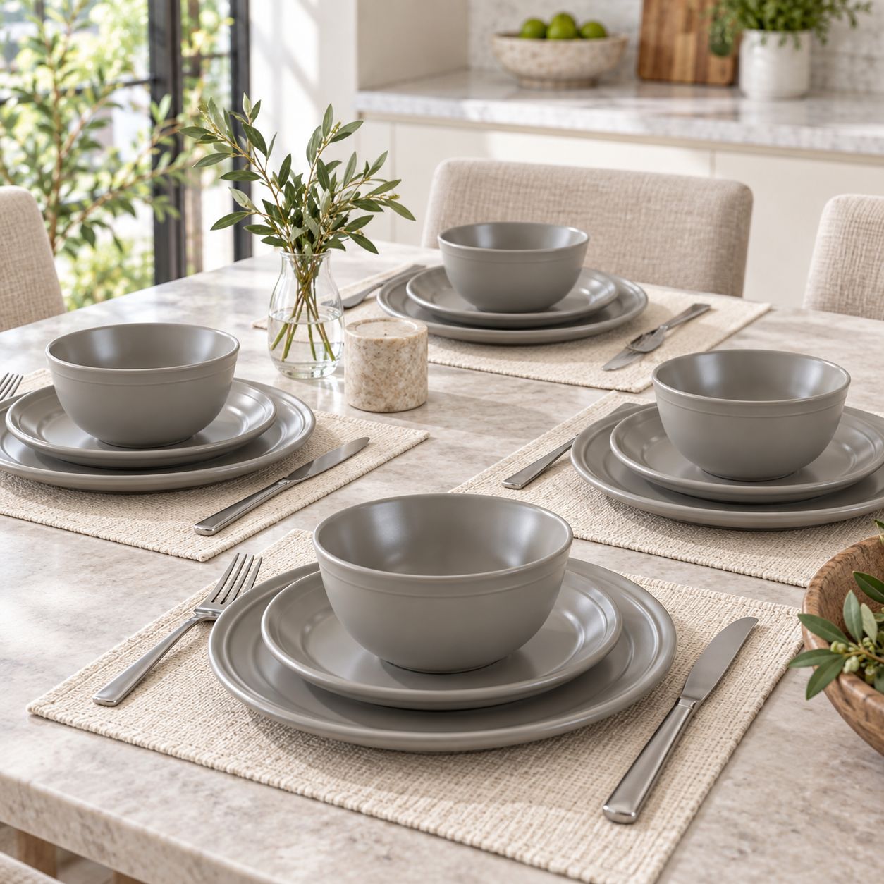 GIBSON HOME Siam 12-Piece Round Stoneware Dinnerware Set, Warm Gray   135256.12