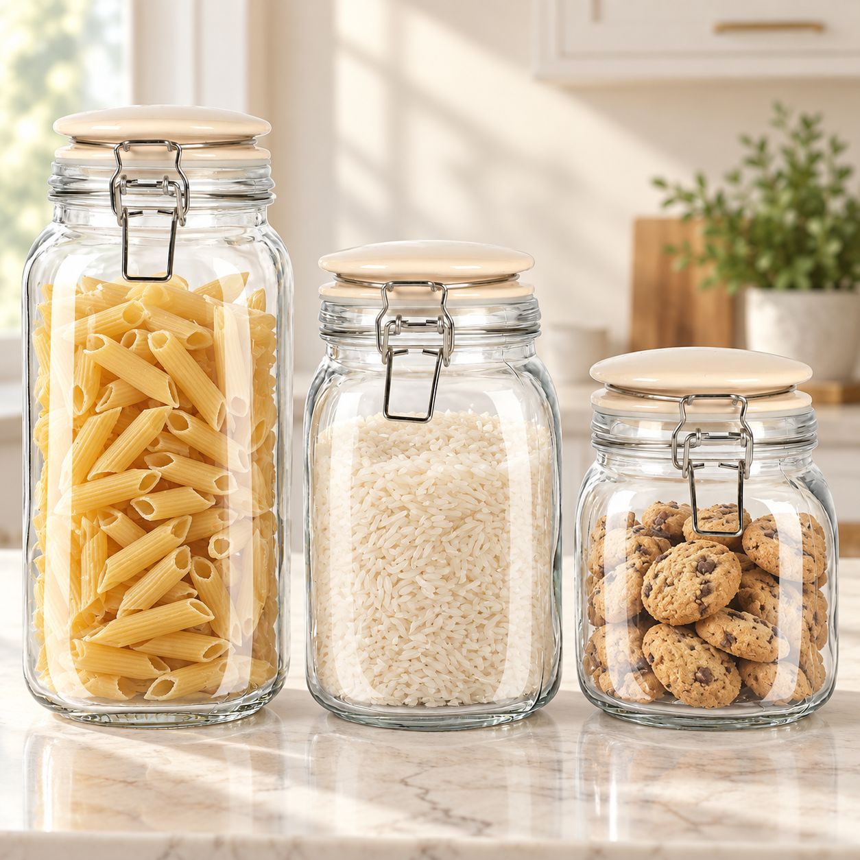 GIBSON MARTHA STEWART RINDLETON 3-PIECE GLASS CANISTER SET WITH OFF-WHITE CERAMIC LIDS, CLEAR GLASS KITCHEN STORAGE CONTAINERS — SKU 136553.03