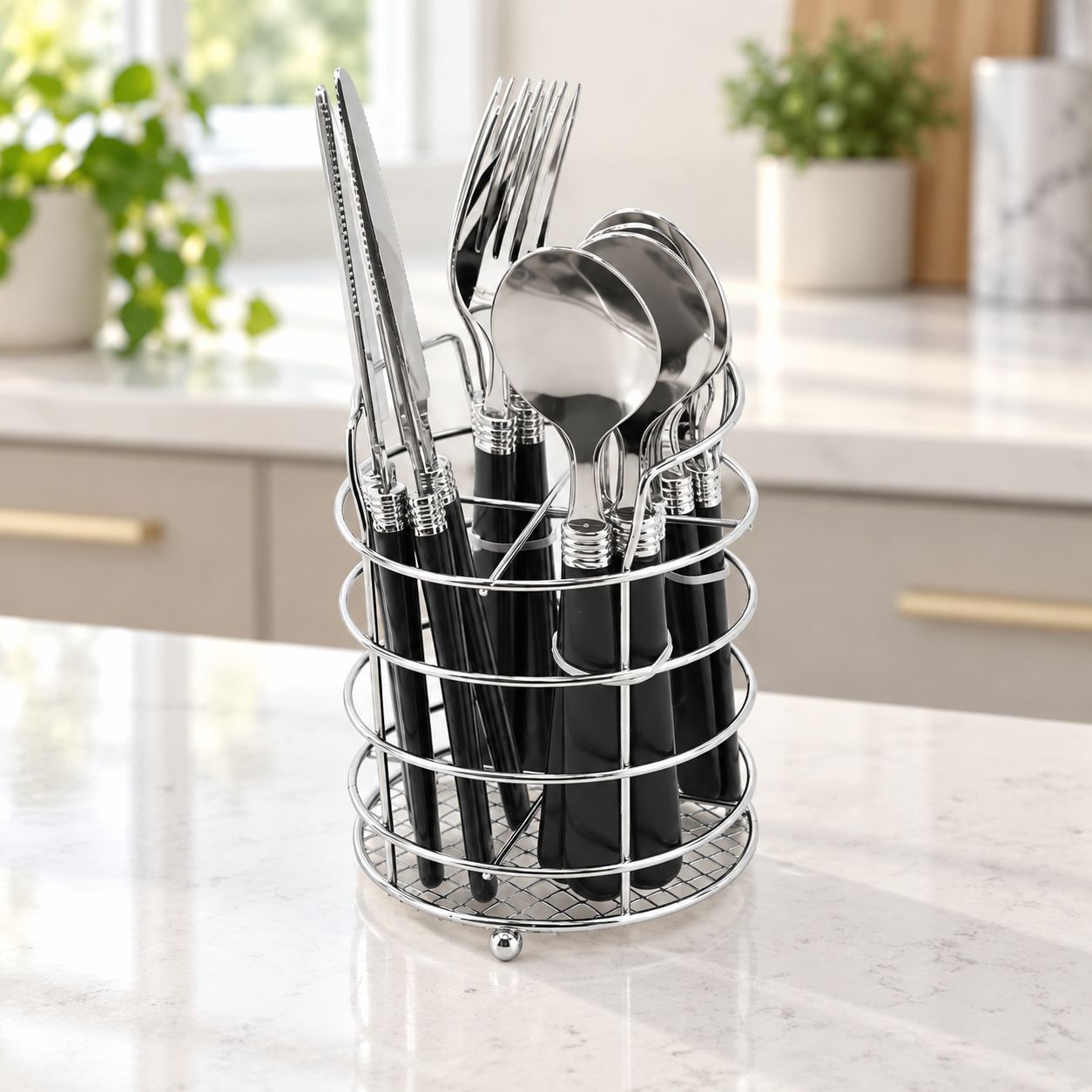 GIBSON Sensations II 16-Piece Stainless Steel Flatware Set with Black Handles and Chrome Storage Caddy   53441.16