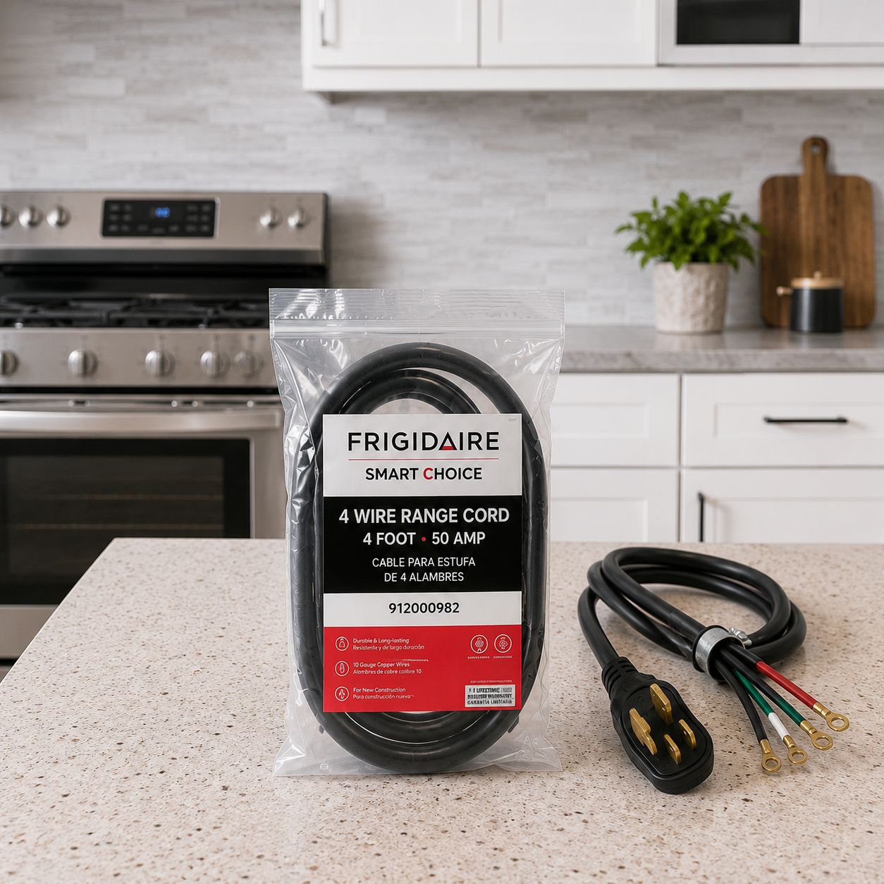 Frigidaire Smart Choice Heavy-Duty 4-Wire Range Cord - 50 Amp, 4 Ft, 125/250V, Right-Angle Plug, Black (5304512986 / 912000982)