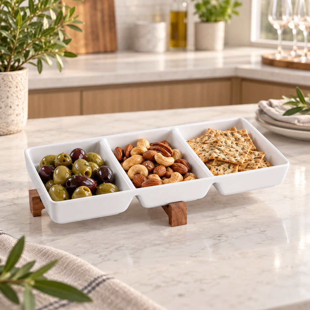 GIBSON ELITE Gracious Dining 2-Piece Serving Set with 3-Section White Stoneware Tidbit Dish and Acacia Wood Stand   135266.02