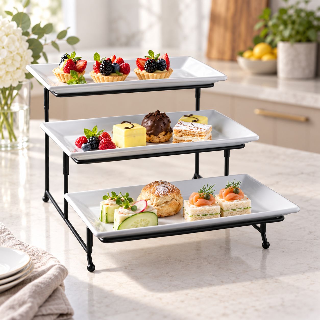 GIBSON ELITE Gracious Dining 3-Tier Porcelain Serving Plate Set with Decorative Metal Display Stand   92606.04