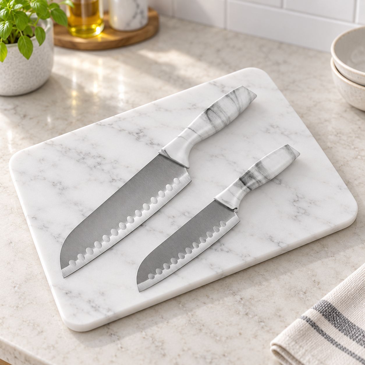 GIBSON HOME Beaumont 3-Piece Stainless Steel Santoku Knife Set with Coordinating White Marble Cutting Board   127587.03