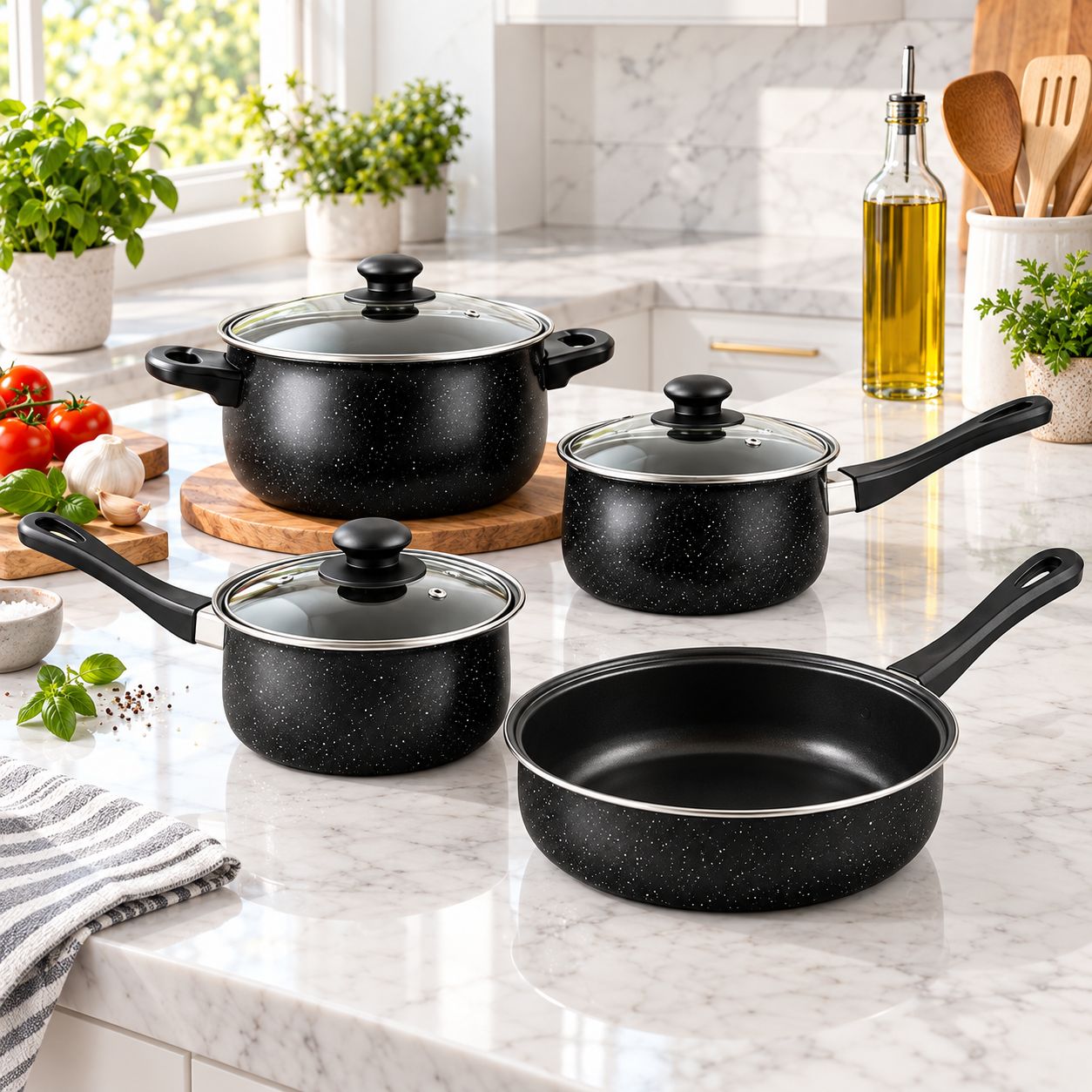 GIBSON HOME CASSELMAN 7-PIECE NONSTICK CARBON STEEL COOKWARE SET WITH BAKELITE HANDLES AND GLASS LIDS, BLACK – MODEL 108169.07 – UPC 085081313508