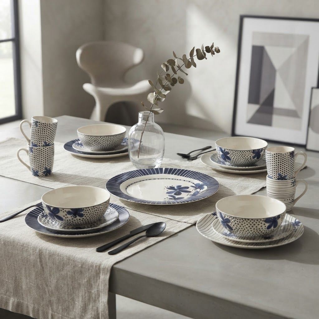 Gibson Home Eliza 12-Piece Ceramic Dinnerware Set, Blue, Service for 4   136587.12