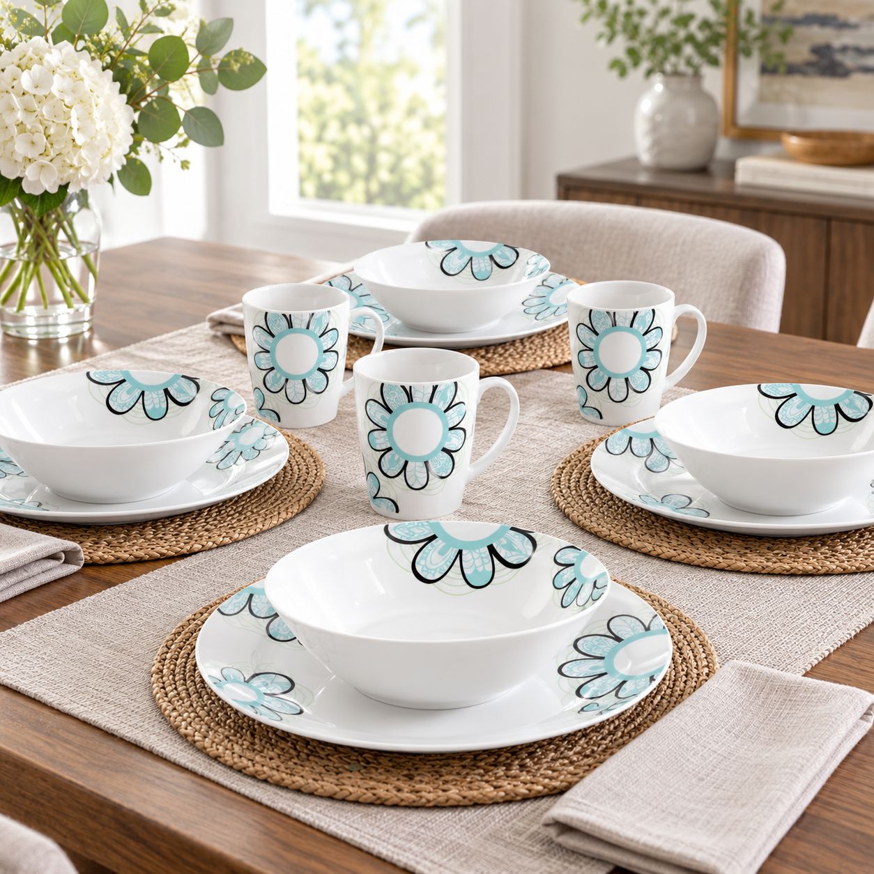 GIBSON HOME Lush Blossom 12-Piece Dinnerware Set, White with Blue Floral Pattern  94843.12