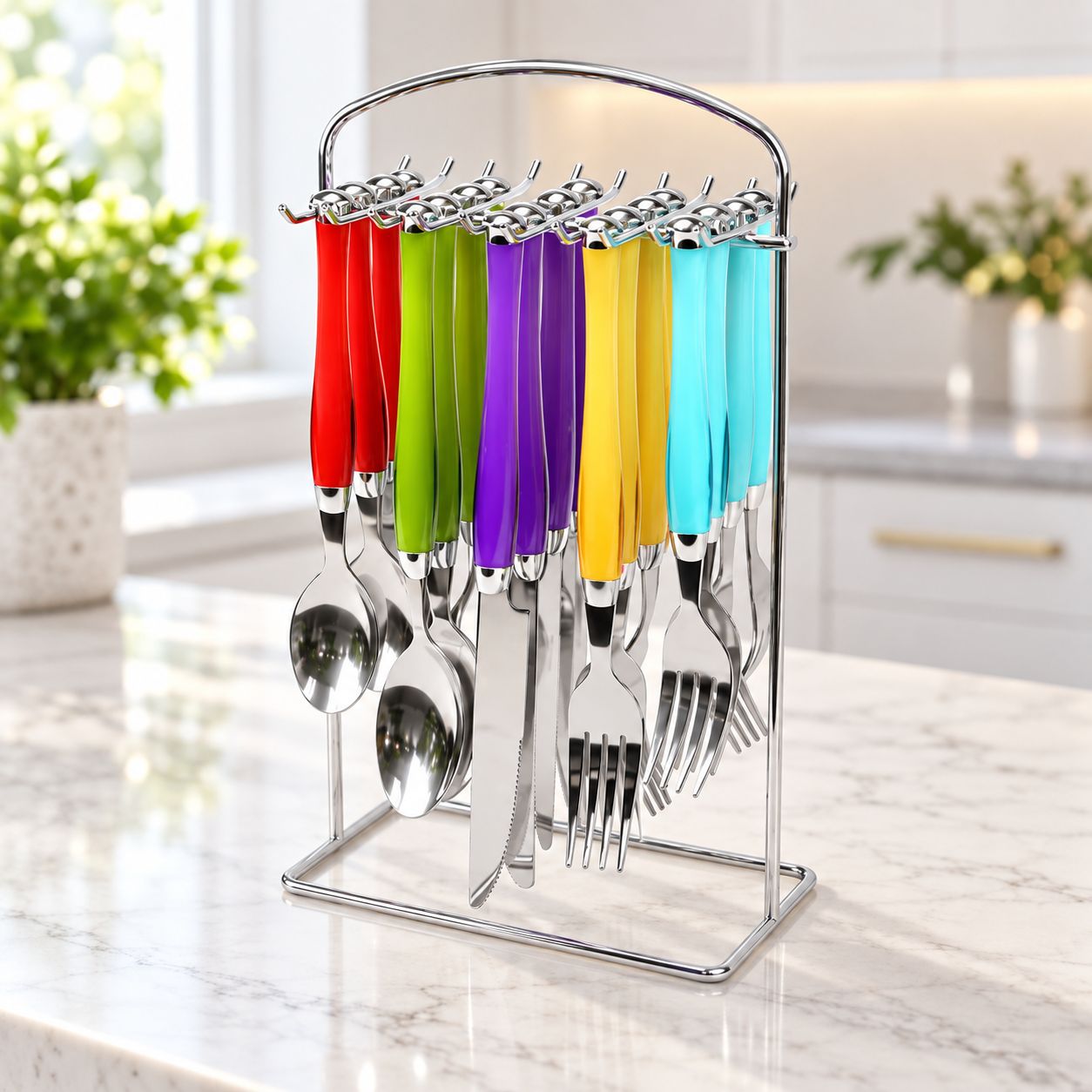 GIBSON HOME Santoro 20-Piece Stainless Steel Flatware Set with Colorful Handles and Hanging Storage Rack   105913.20