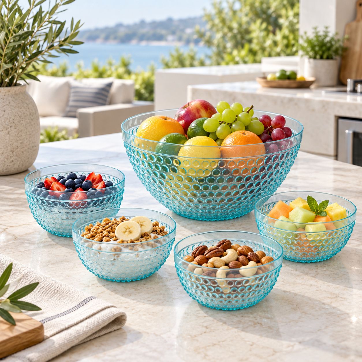 GIBSON HOME Plastic Bowl Set with Serving Bowl, Light Blue  129393.05