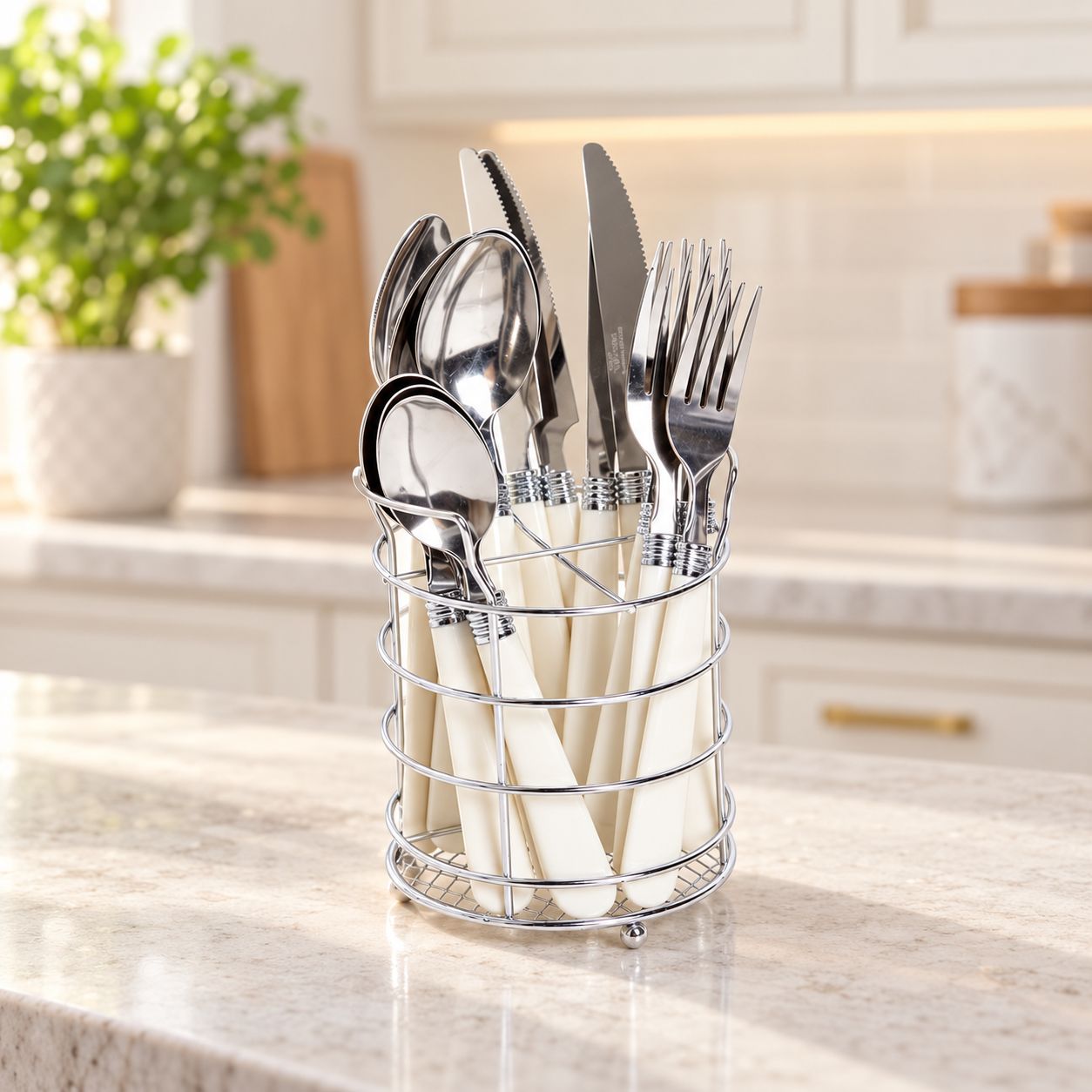 Gibson Sensations II 16 Piece Stainless Steel Flatware Set with White Handles and Chrome Caddy 53382.16