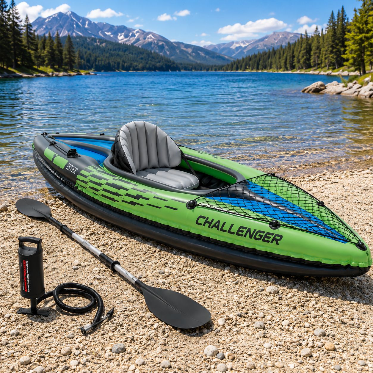 Intex Challenger k1 Inflatable Kayak Series: Includes Deluxe 86in Kayak Paddles and High-Output Pump – SuperStrong PVC – Adjustable Seat with Backrest – Removable Skeg 68305EP