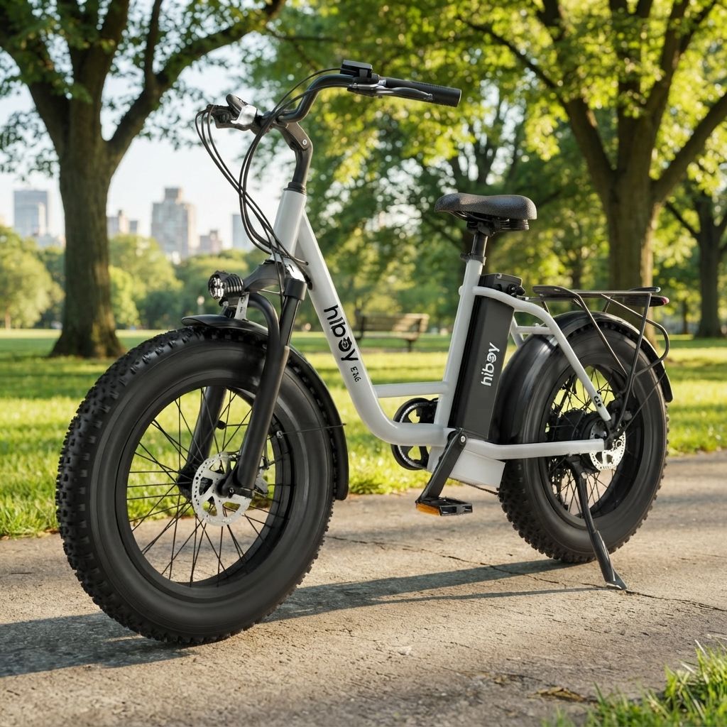 Hiboy EX6 Step-Thru Fat Tire Electric Bike with 500W Motor, 960W Peak Power &amp; Up to 75-Mile Pedal-Assist Range - 48V 14.5Ah Removable Battery, 20 x 4 In. Fat Tires, Front Suspension in White (EX6)