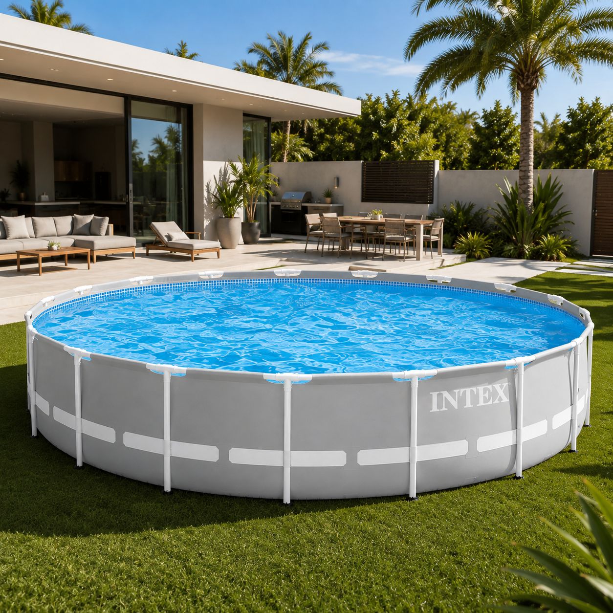 Intex Prism Frame 18Ft x 48In Outdoor Above-Ground Swimming Pool Set with 1,500 GPH Filter Pump, Ladder &amp; Cover (26731EH)