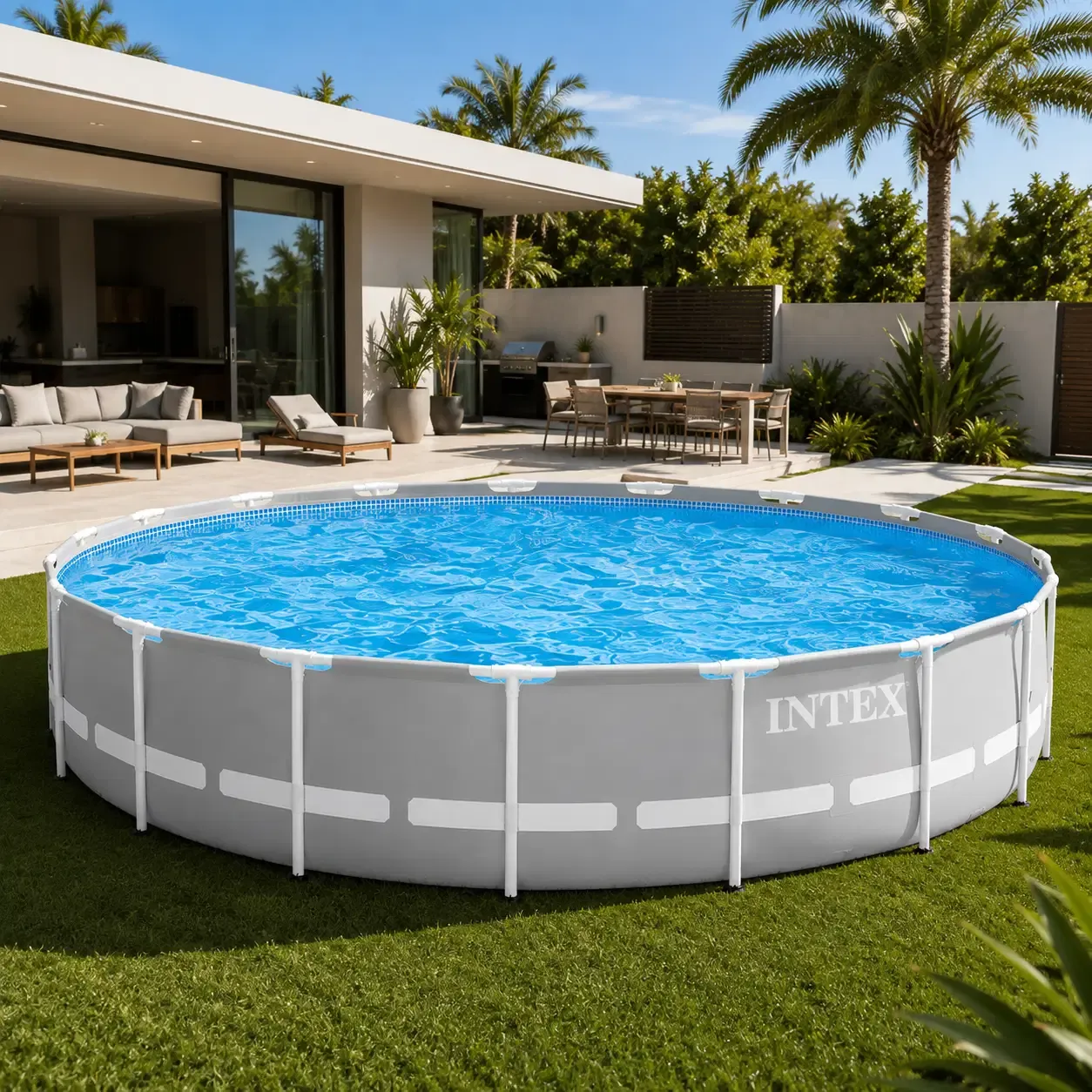 Intex Prism Frame 18Ft x 48In Outdoor Above-Ground Swimming Pool Set with 1,500 GPH Filter Pump, Ladder &amp; Cover (26731EH)