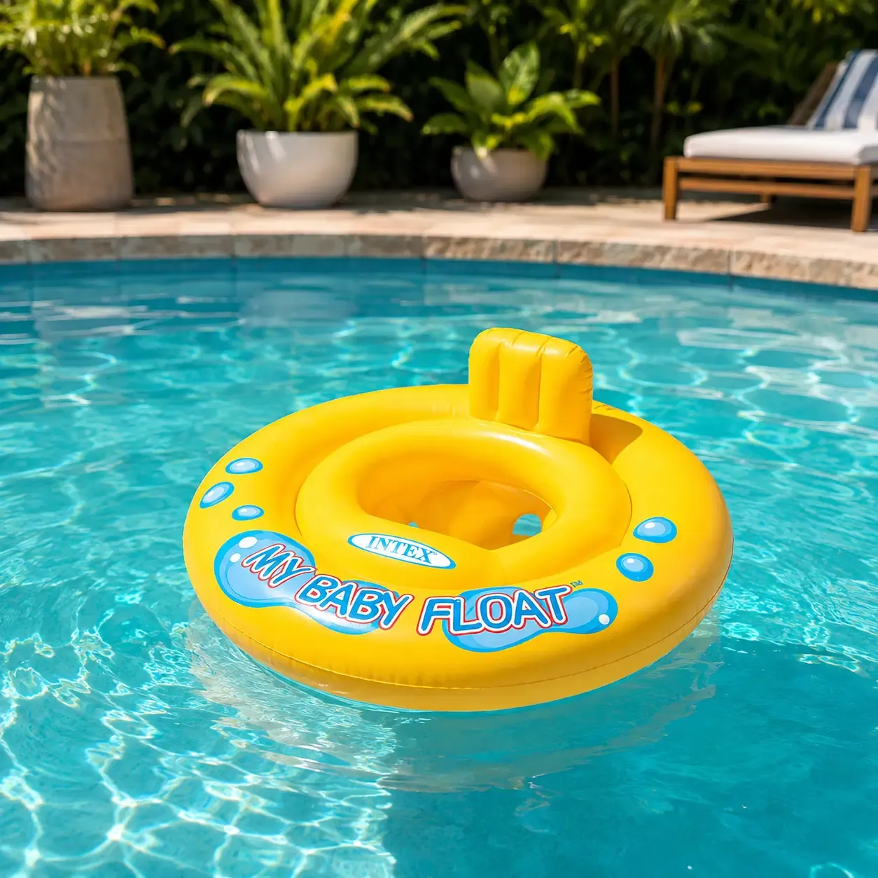Intex Round Baby Basket Floaty With Dual-Ring Stability, Pillow Backrest &amp; Diaper-Style Seat, 10-Gauge Vinyl, Two Air Chambers, Yellow, 26.5" Diameter (59574EP)