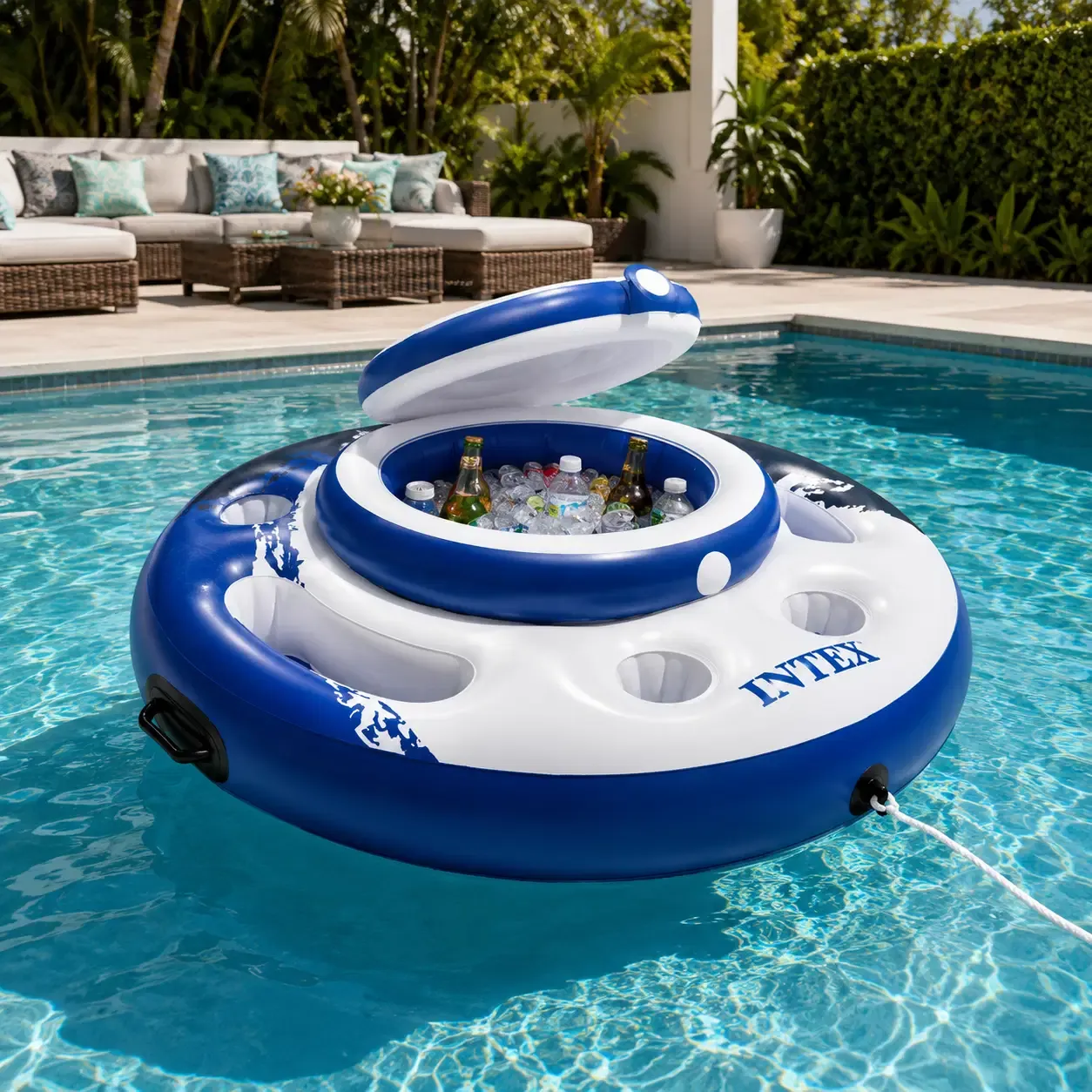 Intex Mega Chill Inflatable Floating Beverage Cooler - 16-Gauge Vinyl, 3 Air Chambers, 5 Cup Holders, Blue/White (56822EP)