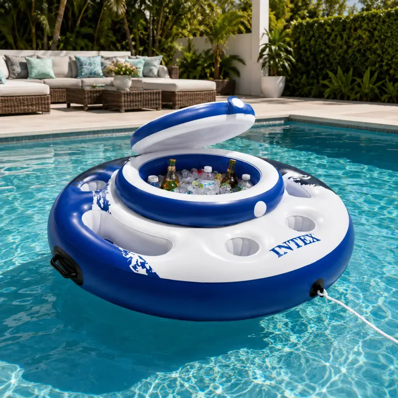 Intex Mega Chill Inflatable Floating Beverage Cooler - 16-Gauge Vinyl, 3 Air Chambers, 5 Cup Holders, Blue/White (56822EP)