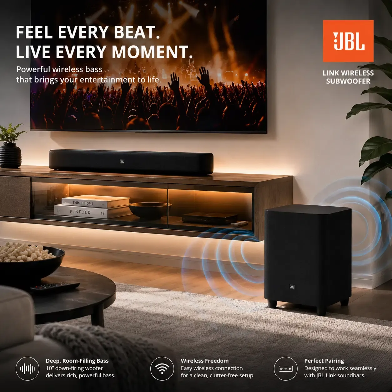 JBL Link 10" Powered Wireless Subwoofer with 300W Deep Bass &amp; 5.8 GHz Connection for JBL Link Bar (SW10)