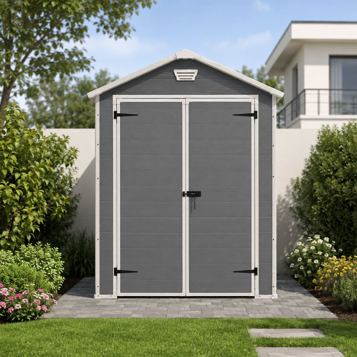 KETER Manor 6 x 5 Ft Outdoor Storage Shed, Double Doors, Built-In Floor, Fixed Window and Ventilation, Weather-Resistant Grey Resin  17197128