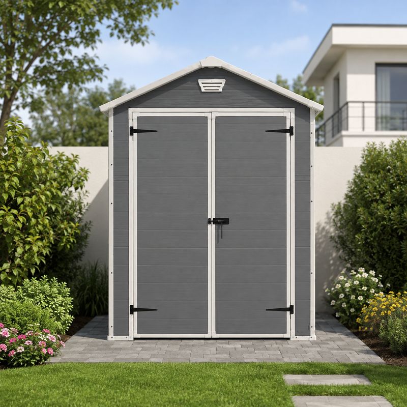 KETER Manor 6 x 5 Ft Outdoor Storage Shed, Double Doors, Built-In Floor, Fixed Window and Ventilation, Weather-Resistant Grey Resin  17197128